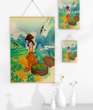 Young girl with basket in vibrant mountain landscape with birds and flowers