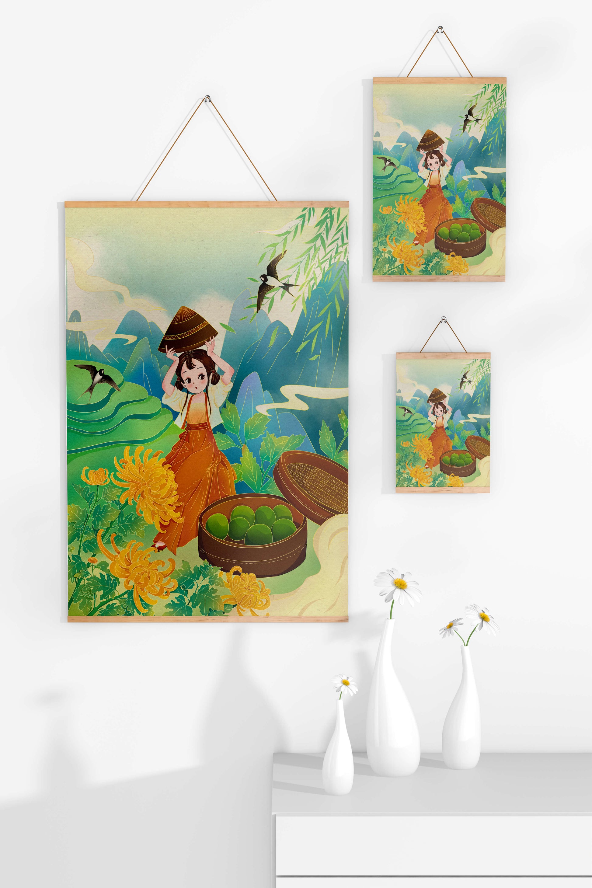 Young girl with basket in vibrant mountain landscape with birds and flowers
