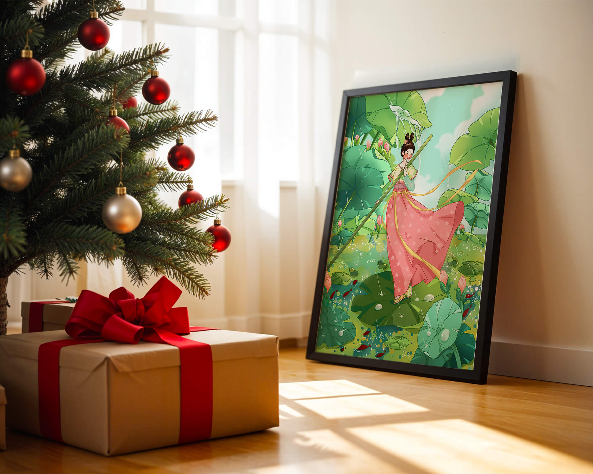 A whimsical scene of a girl in traditional dress among vibrant lotus leaves