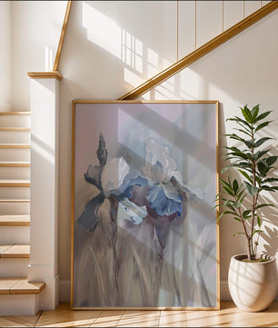 Delicate blue and white floral painting with soft brush strokes