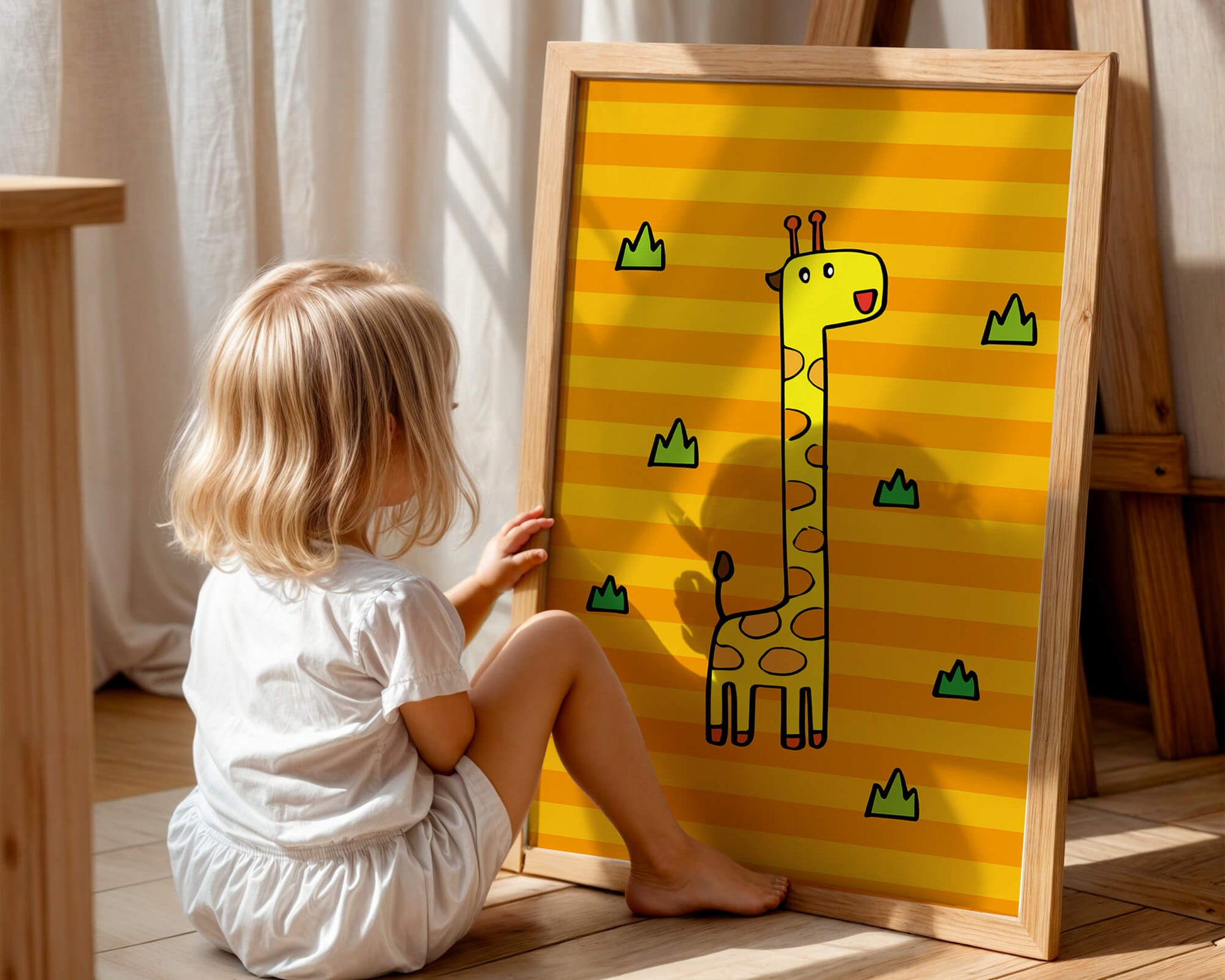 Bright cartoon giraffe illustration on a striped background