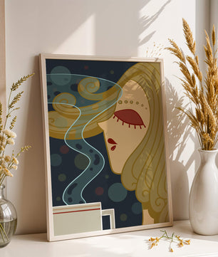 Stylized portrait of a woman with flowing hair and steaming coffee