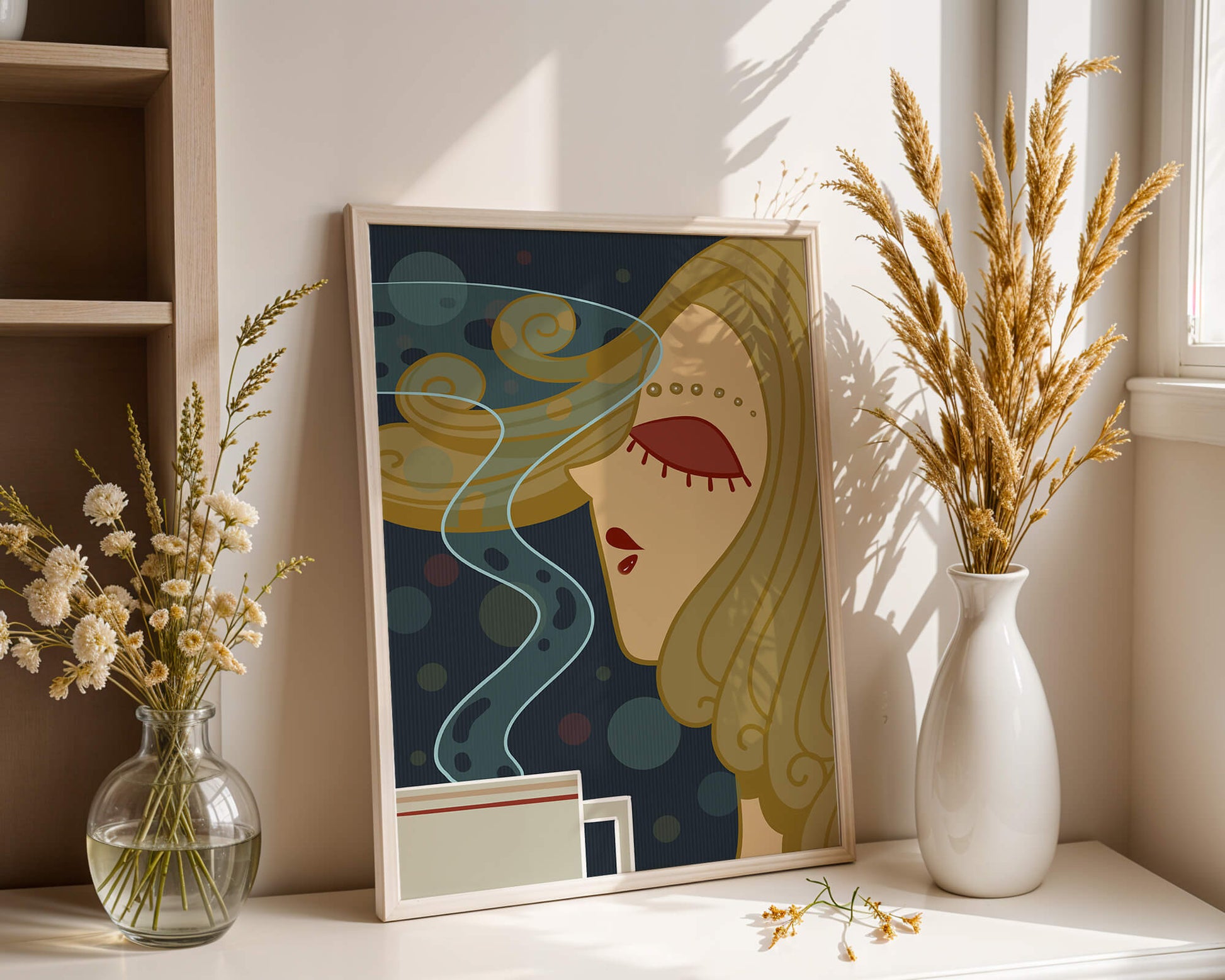 Stylized portrait of a woman with flowing hair and steaming coffee