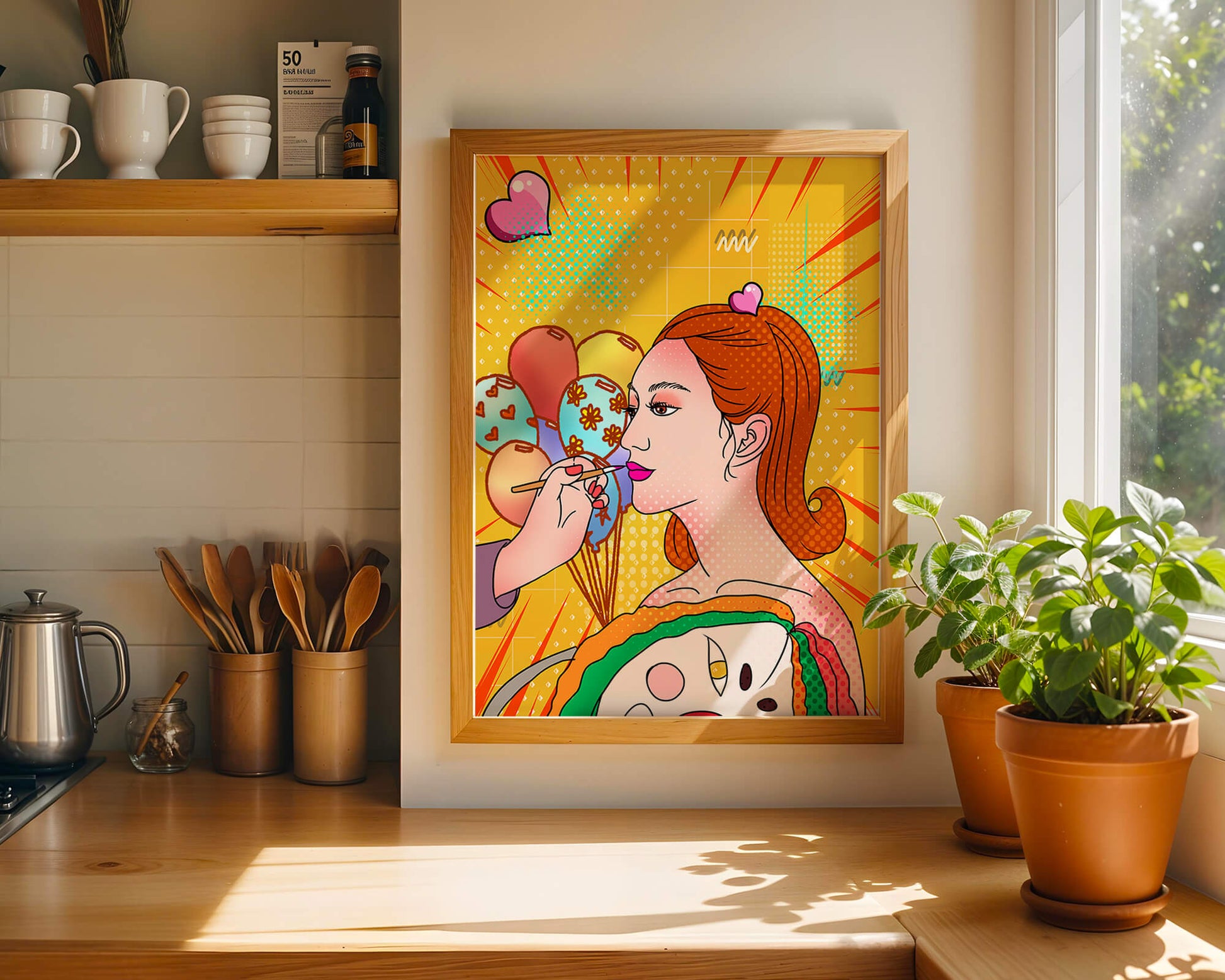 Colorful pop art woman portrait with balloons and vibrant patterns