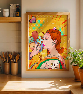 Colorful pop art woman portrait with balloons and vibrant patterns