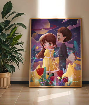 Ilustración de pareja romántica con estrellas y rosas en un entorno nocturno mágico