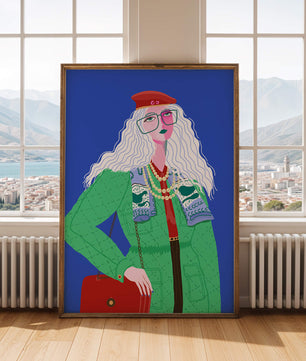 Ilustración de moda colorida con accesorios llamativos y estilo vibrante