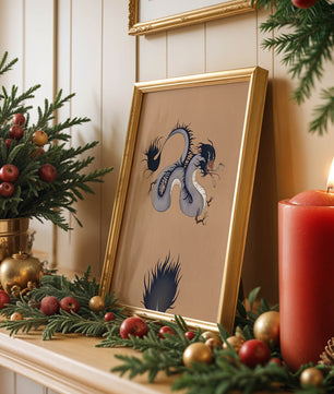 Illustration of a mystical dragon with fluid form on a beige background