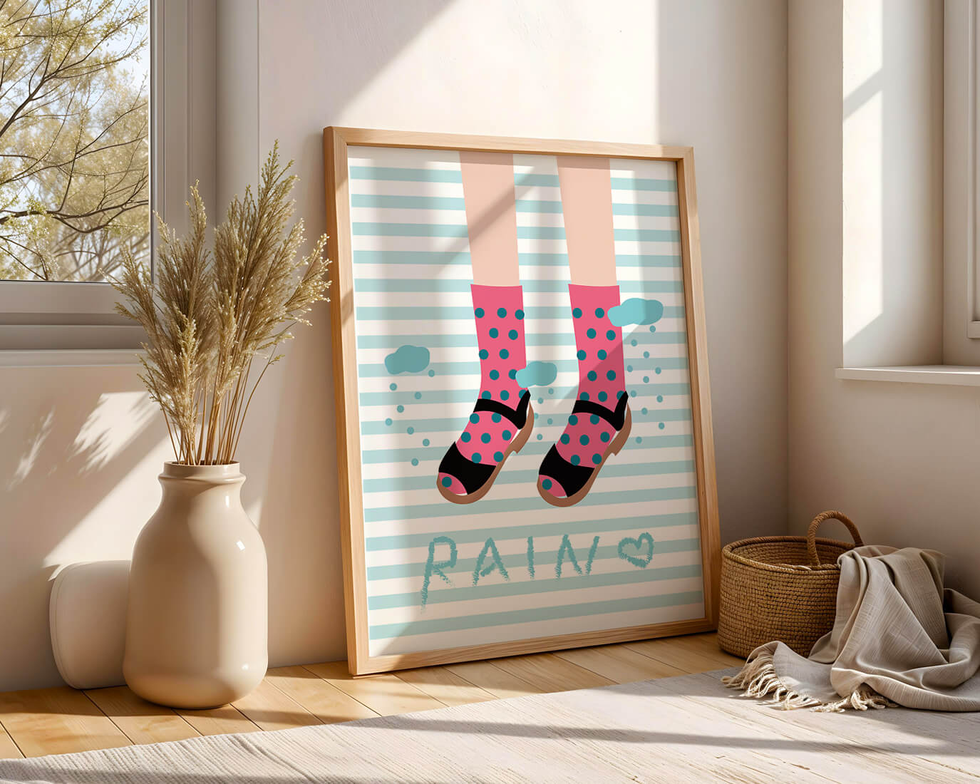 Illustration of polka dot socks and sandals on a striped background