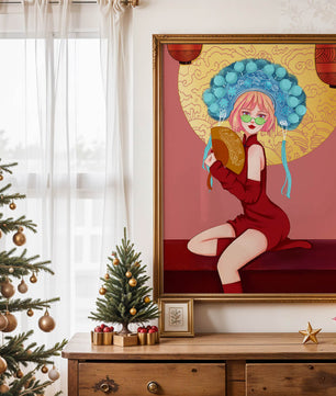 Elegante Illustration einer Frau in traditioneller Kleidung mit einem Fächer