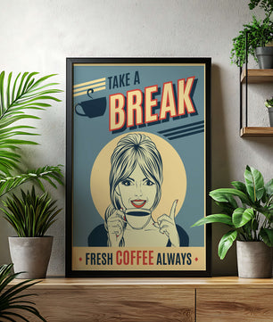 Retro Coffee Break Poster with Woman Holding a Cup - Mi tienda
