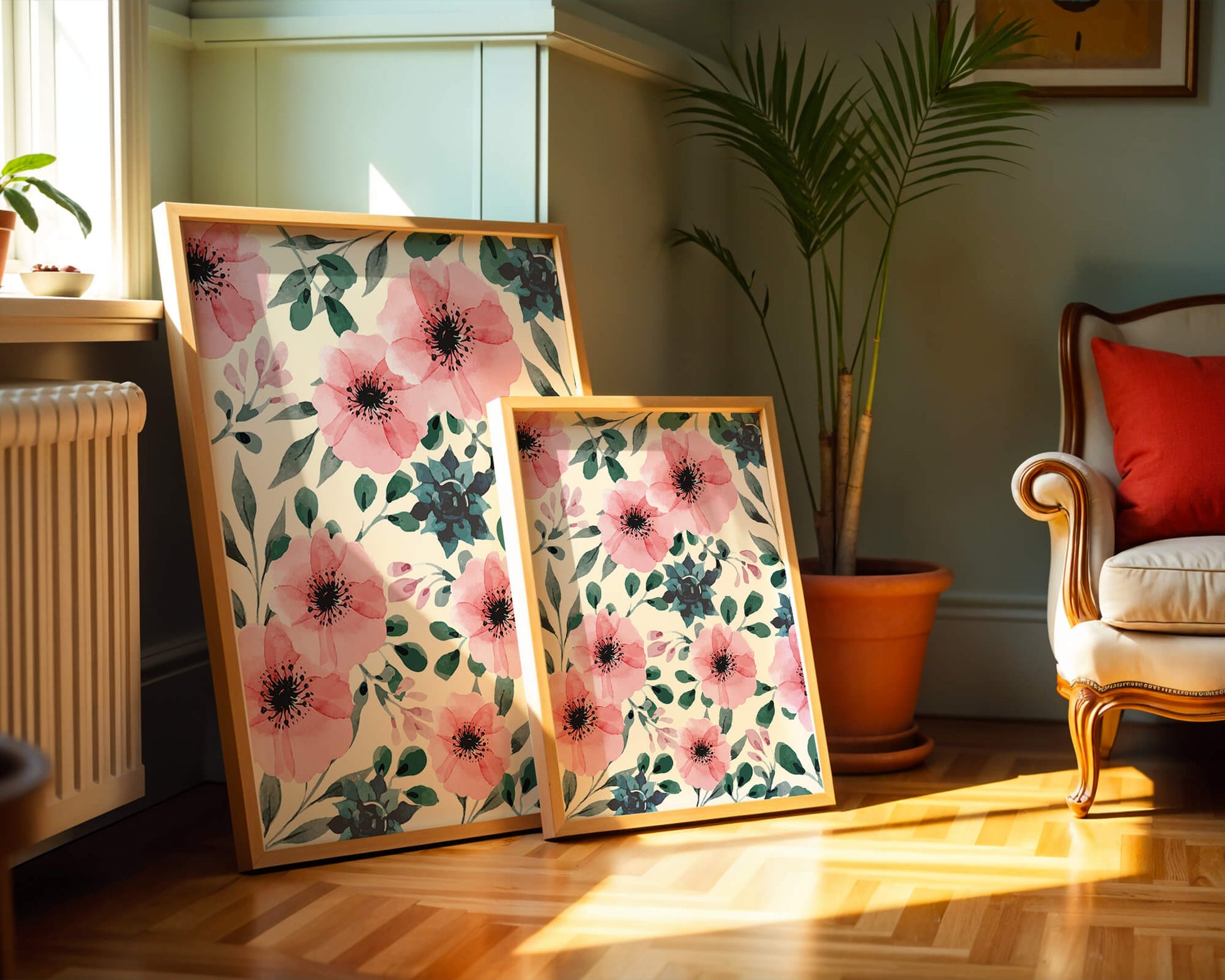 Floral Watercolor Pattern with Pink Flowers and Green Leaves