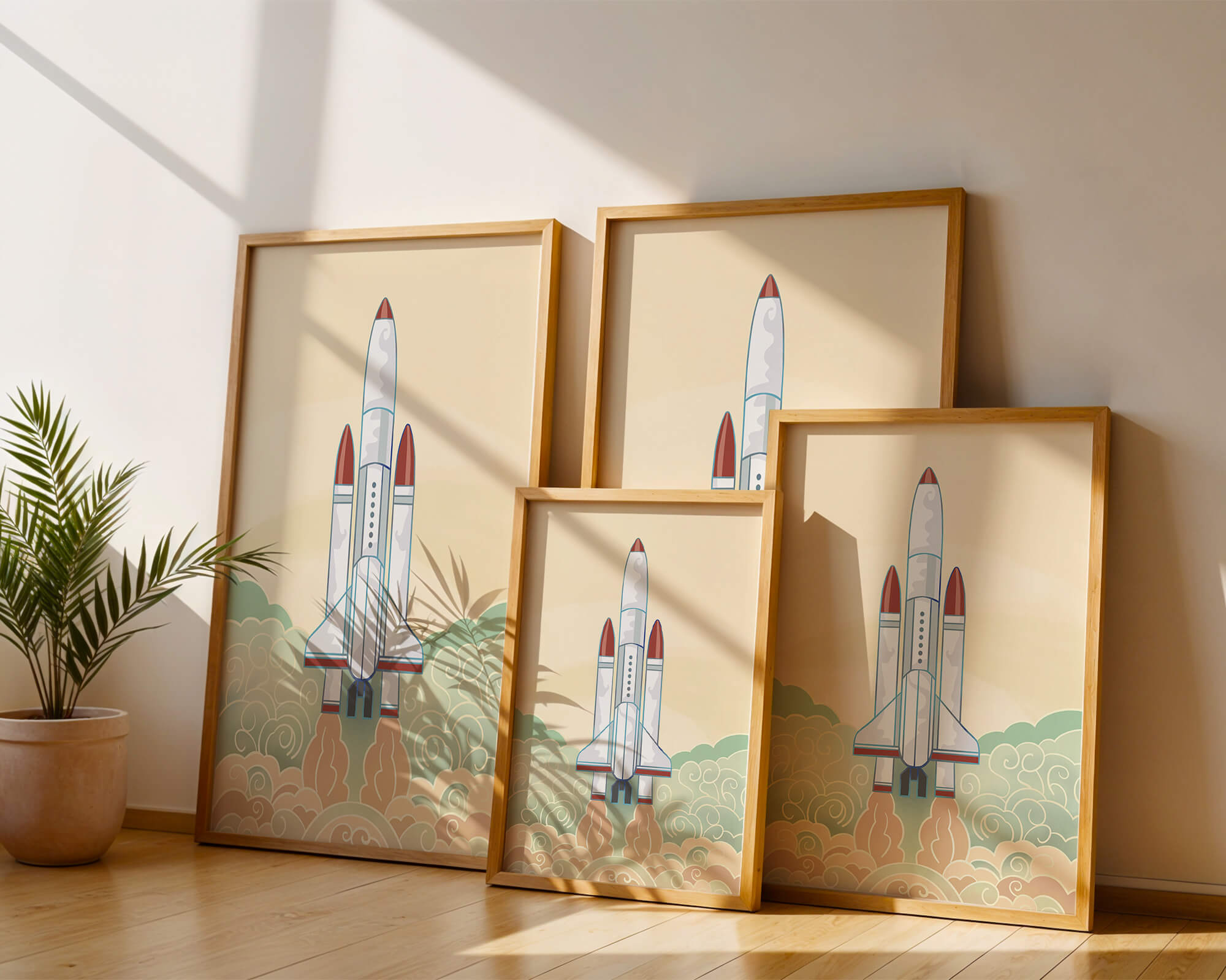 Colorful rocket launch from vintage-style clouds