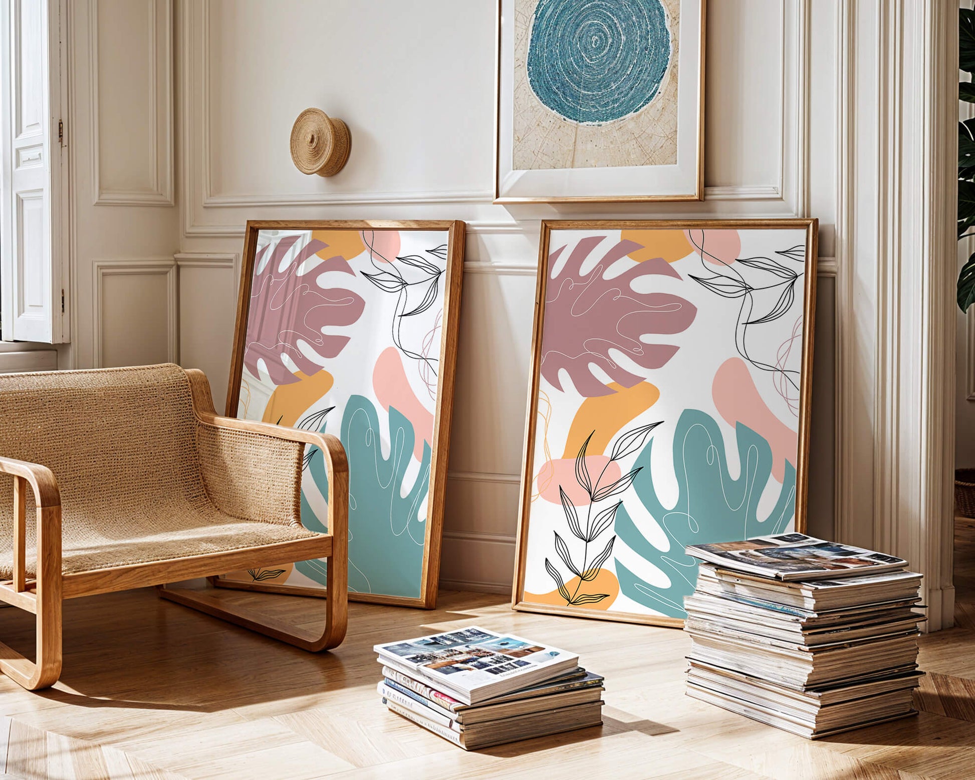 Abstract botanical illustration with colorful leaf patterns
