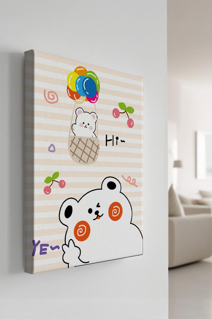 Adorable bears with colorful balloons and cherries on striped background