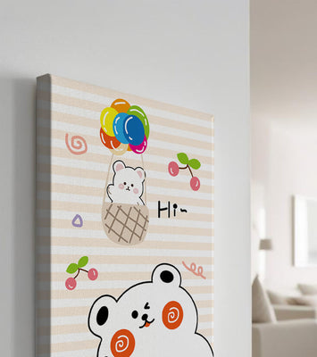 Adorable bears with colorful balloons and cherries on striped background
