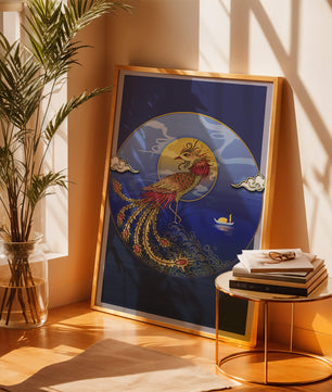Phénix doré aux plumes éclatantes dans un décor marin mystique