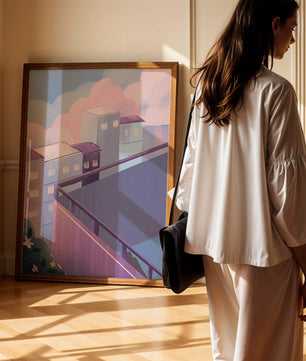 Urban Pastel Scene with Buildings and Pink Clouds
