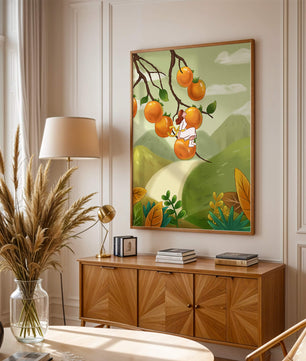 Femme assise sur un fruit orange dans un paysage surréaliste