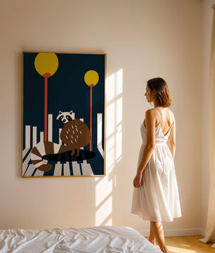 Raccoon Illustration with Urban Street Lamps and Geometric Design