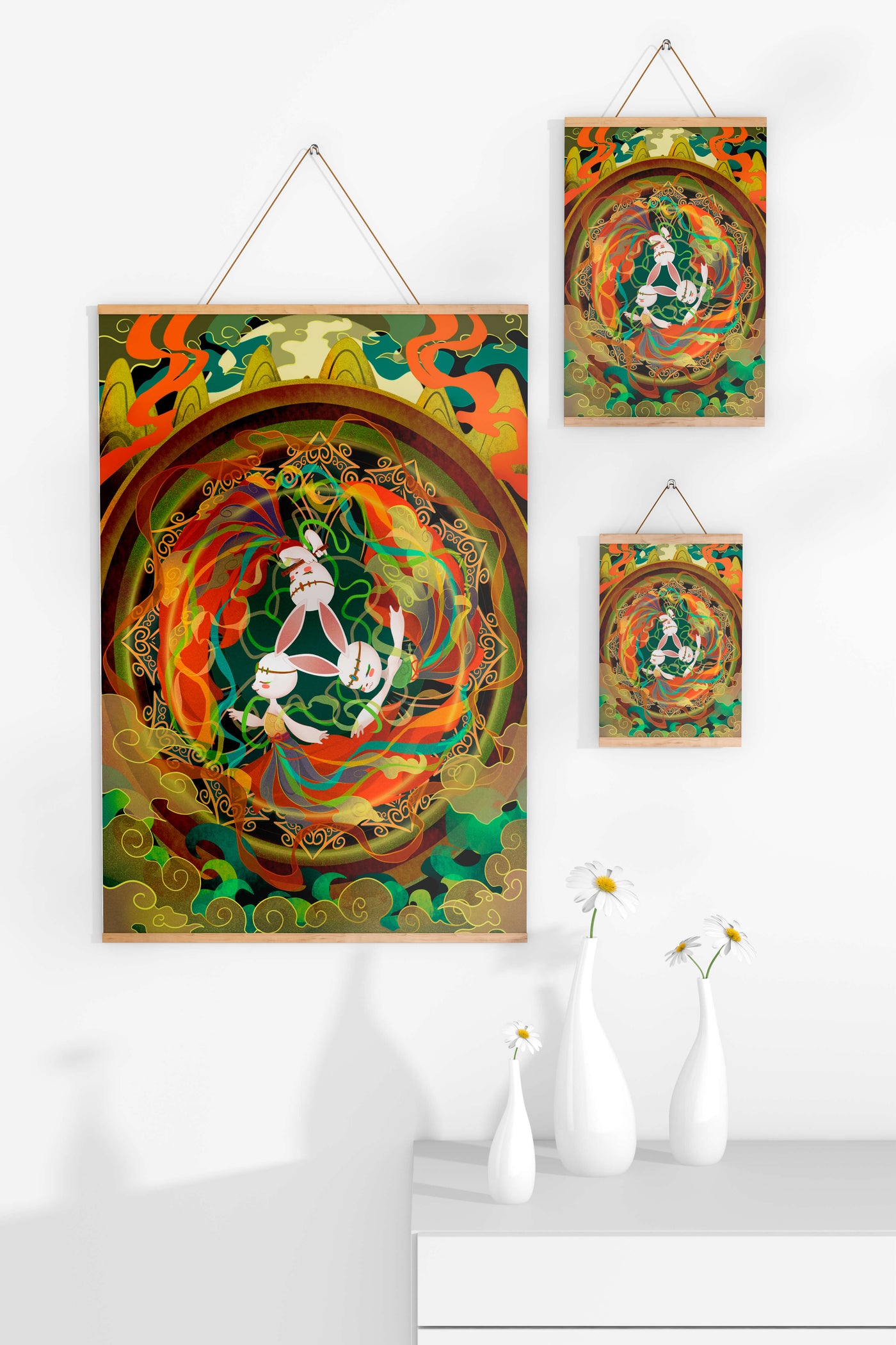 Whimsical fantasy illustration with mystical bunnies