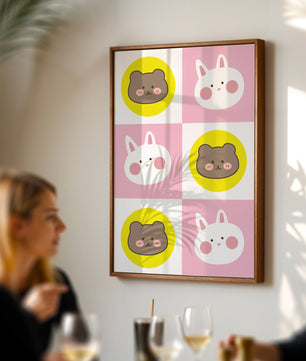 Diseño de patrones de animales juguetones con caras de osos y conejos en colores pastel