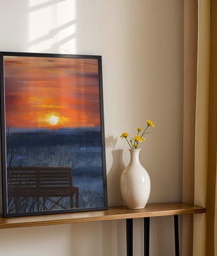 Tranquil Sunset over Ocean with a Lonely Bench
