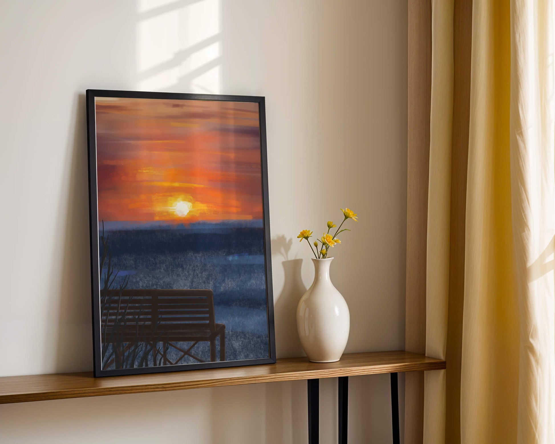 Tranquil Sunset over Ocean with a Lonely Bench