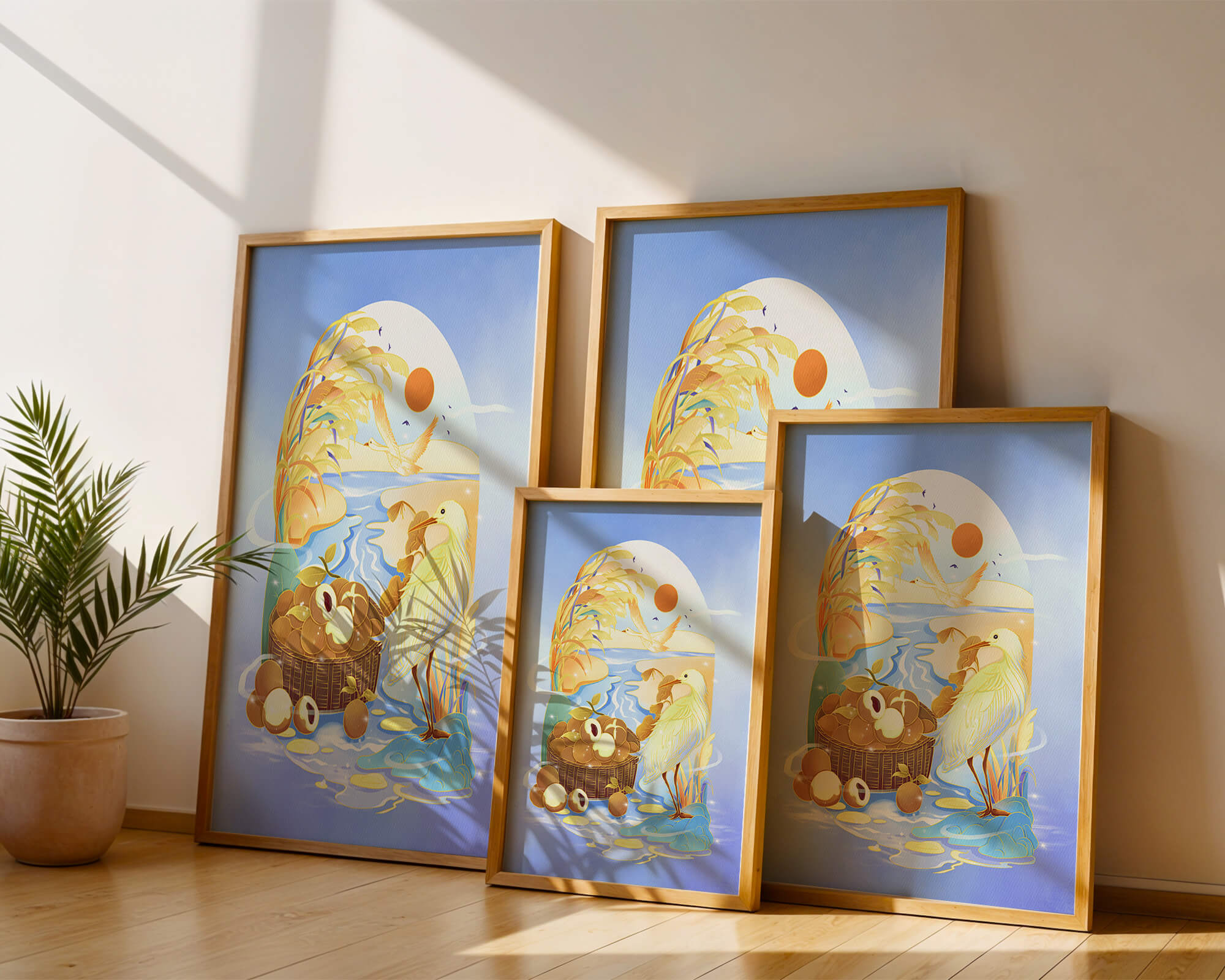 Serene landscape with a bird, fruit basket, and golden reeds under a bright sun