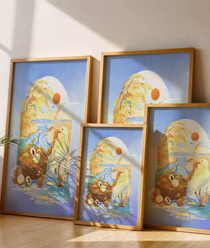 Serene landscape with a bird, fruit basket, and golden reeds under a bright sun