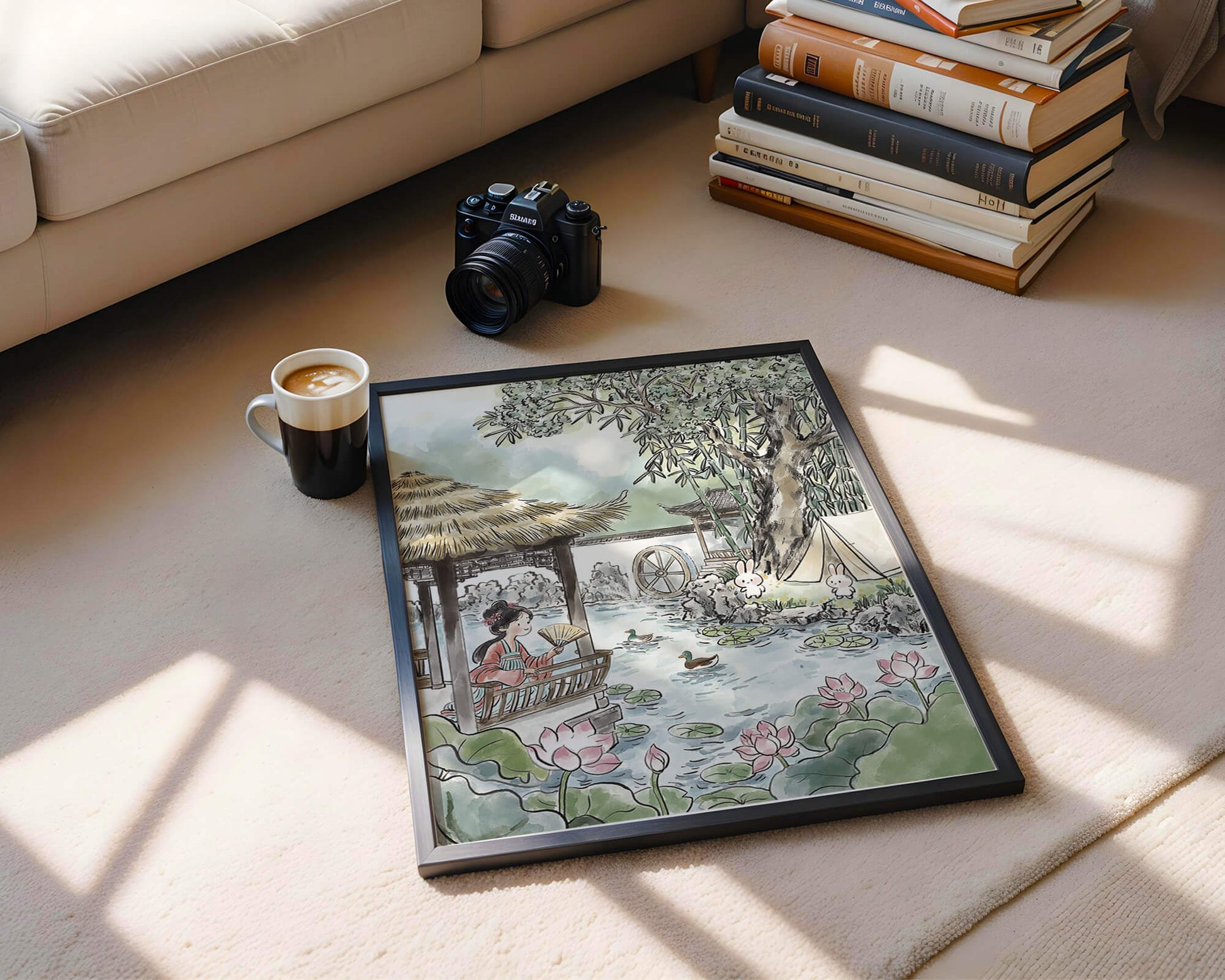 Escena tranquila de jardín con mujer, patos y conejos en un entorno tradicional