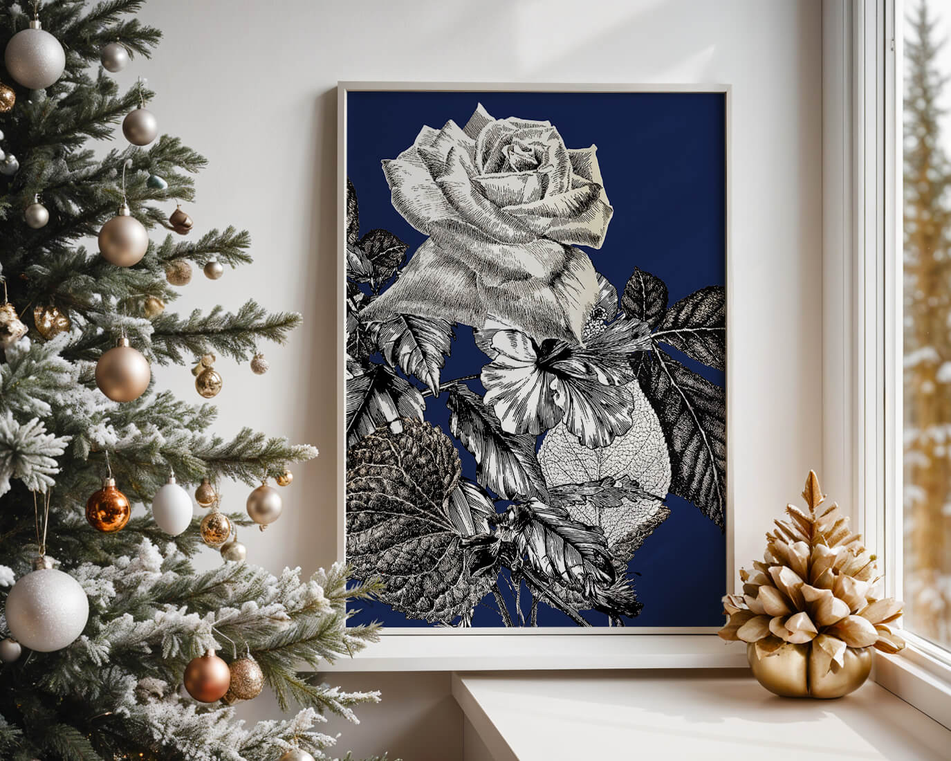 Intricate botanical illustration of roses and foliage on a deep blue background