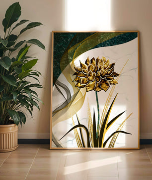 Golden flower artwork with abstract background for contemporary decor