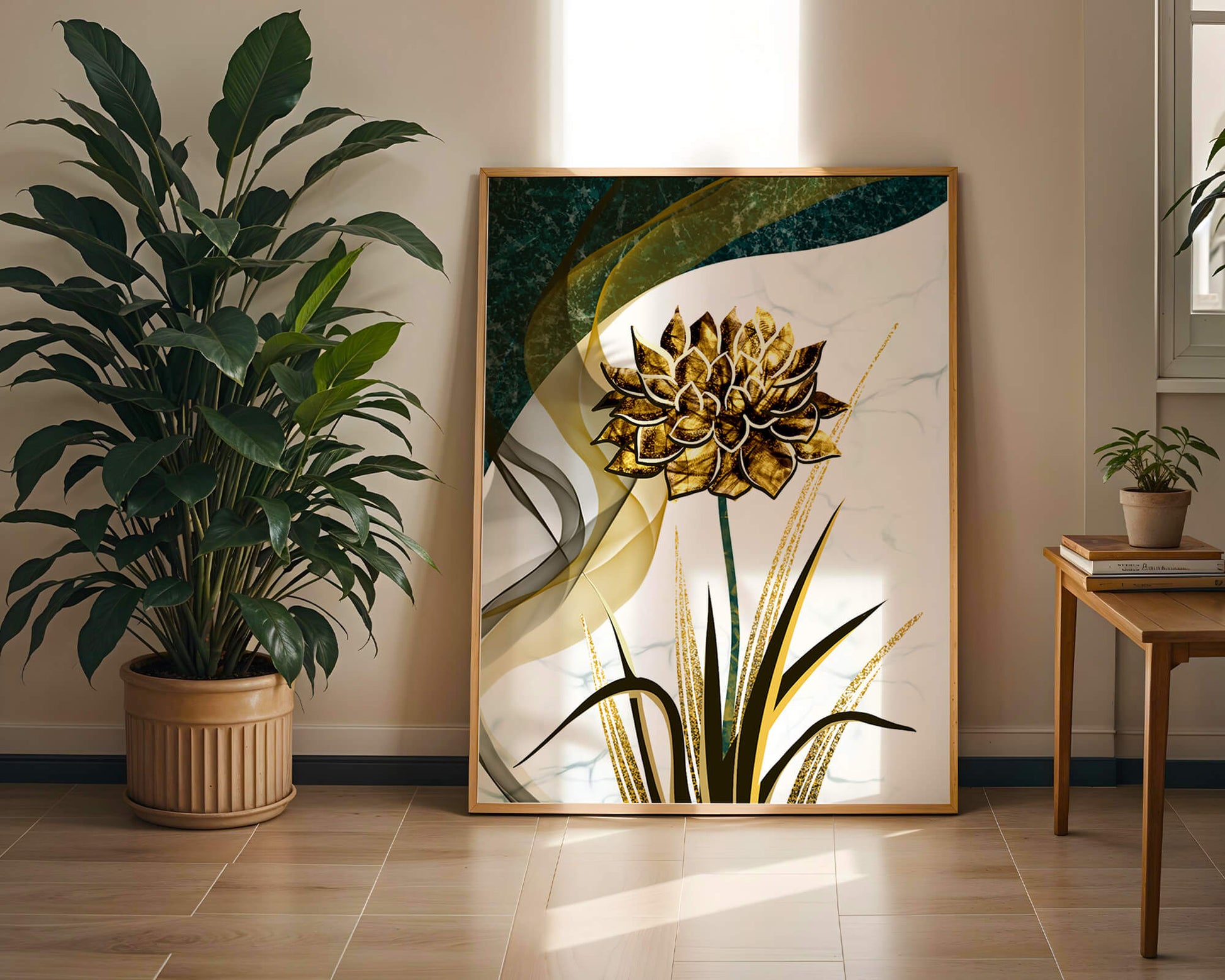 Golden flower artwork with abstract background for contemporary decor