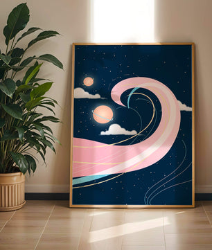 Cosmic Waves and Planets with Whimsical Pink Swirls and Stars - Mi tienda