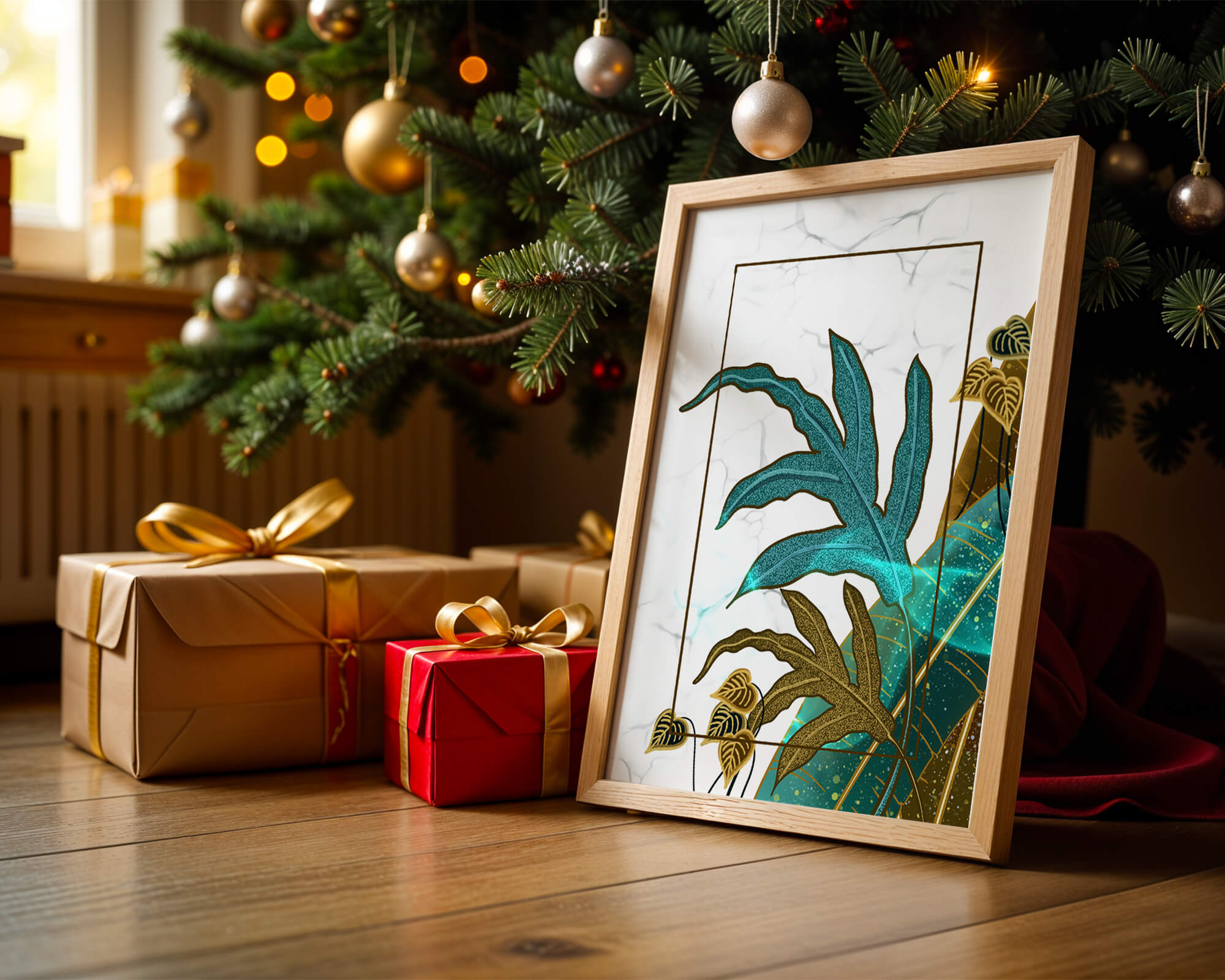 Abstract botanical art with blue and gold leafy designs