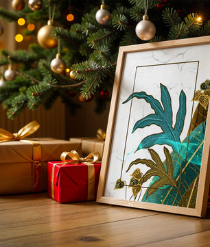 Abstrakte botanische Kunst mit blauen und goldenen Blattmustern