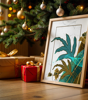 Abstract botanical art with blue and gold leafy designs