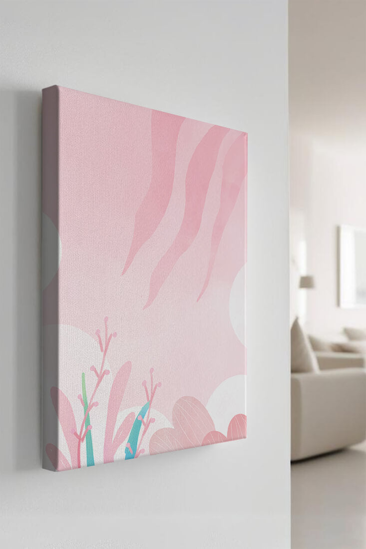 Soft Pink Abstract Floral Design with Stylized Leaves and Waves