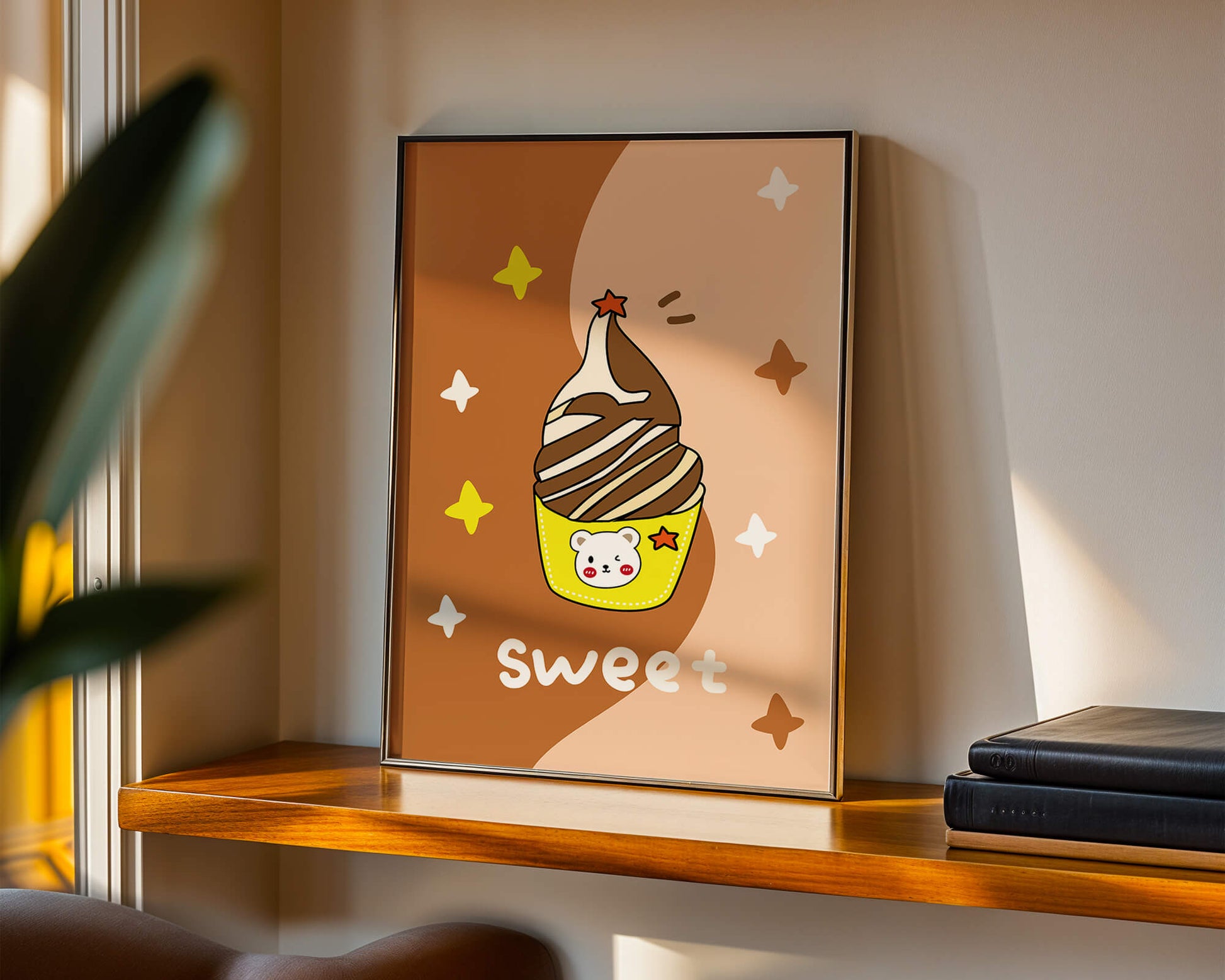 Adorable ice cream design with kawaii bear and colorful background