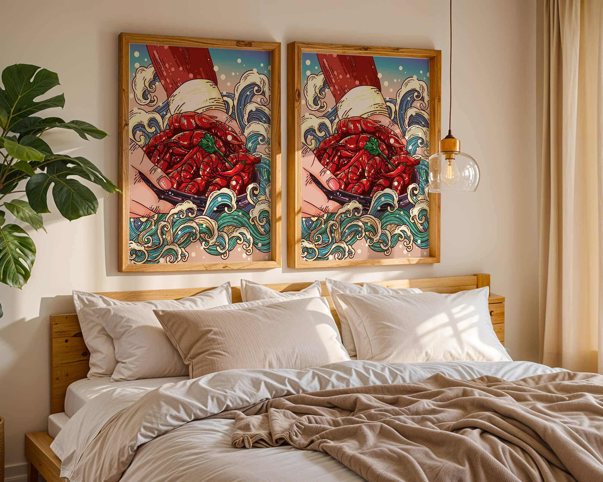 Colorful Cartoon Illustration of Hand Holding Crawfish Over Decorative Waves