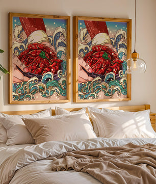 Colorful Cartoon Illustration of Hand Holding Crawfish Over Decorative Waves