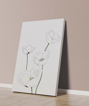 Zarte florale Linienzeichnung mit weißen Mohnblumen auf sauberem Hintergrund