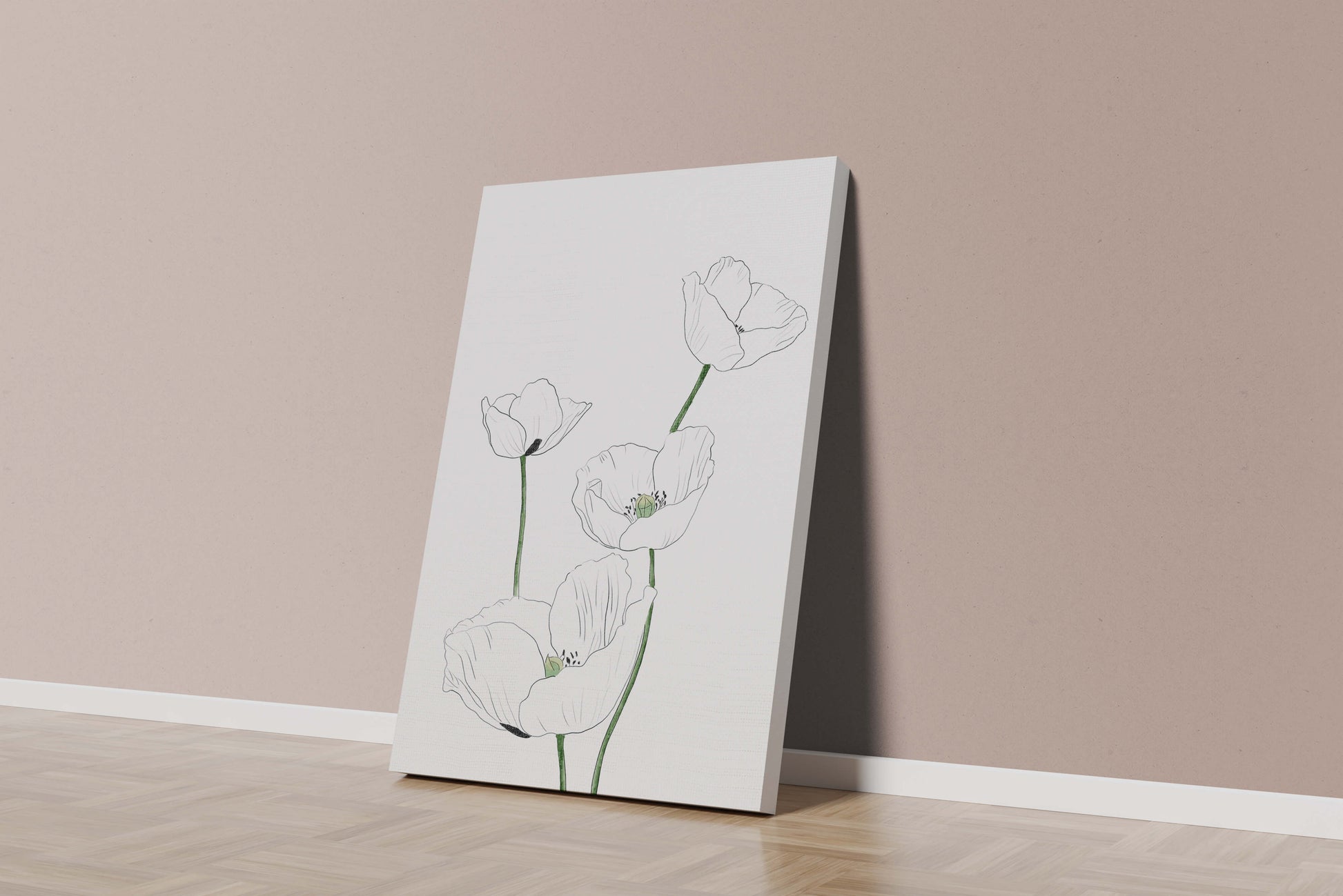Zarte florale Linienzeichnung mit weißen Mohnblumen auf sauberem Hintergrund