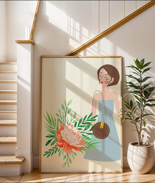Ilustración de una mujer en vestido azul con diseño floral