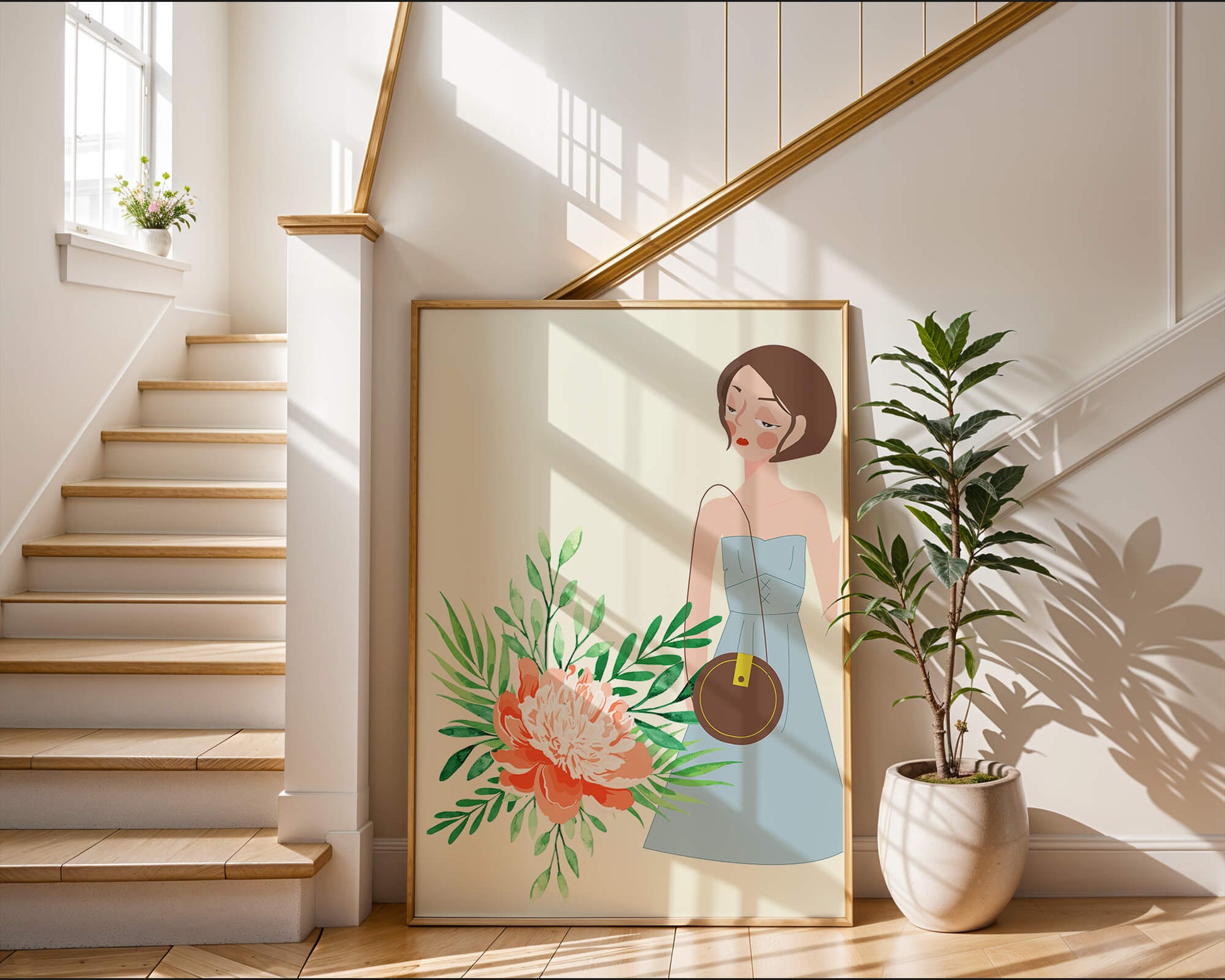 Ilustración de una mujer en vestido azul con diseño floral
