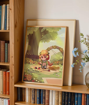 Charming anime-style scene with young girl, flowers, and nature background