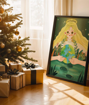 Illustration de la nature paisible avec une figure céleste tenant la Terre