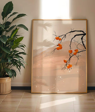 Branch with Persimmons and Snow in Minimalistic Landscape