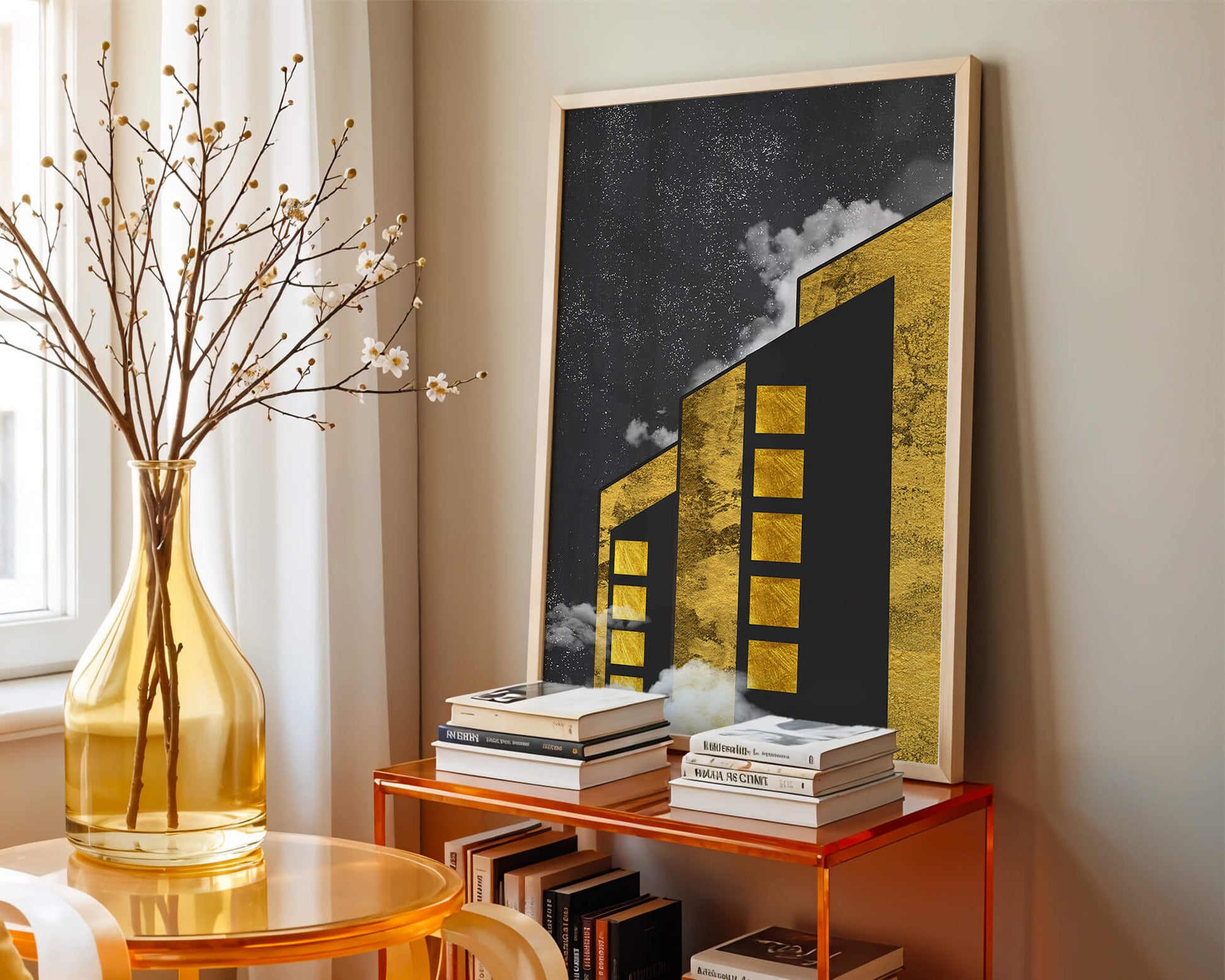 Artistic architectural illustration with golden elements and night sky